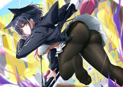 Rule 34 | 1girl, animal ears, ass, black choker, black hair, black jacket, blue archive, cat ears, choker, colored inner hair, extra ears, feet, hair ornament, hairclip, halo, highres, hood, jacket, kazusa (blue archive), long sleeves, looking at viewer, multicolored hair, pantyhose, red eyes, short hair, skirt, soles, solo, thighs, toes, two-tone hair, xfate