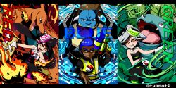 Rule 34 | + +, 1990s (style), 1boy, 2girls, black hair, blastoise, blue hair, brown eyes, callie (splatoon), chamochi, charizard, claws, copyright name, creature, creatures (company), dark skin, detached collar, earrings, fang, fang out, fangs, fire, flame-tipped tail, food, food on head, game freak, gen 1 pokemon, grey hair, grin, headphones, highres, holding, inkling, inkling boy, inkling player character, jewelry, lava, long hair, looking at viewer, marie (splatoon), mole, mole under eye, multiple girls, nintendo, object on head, open mouth, pantyhose, plant, pointy ears, poke ball, pokemon, pokemon (creature), pokemon rgby, retro artstyle, rock, short hair, smile, splatoon (series), splatoon 1, squidbeak splatoon, starter pokemon trio, tentacle hair, topknot, twitter username, venusaur, vest, vines, water, water gun