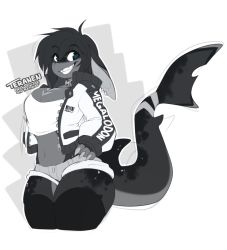 Rule 34 | 1girl, artist name, black hair, black skin, black thighhighs, blue eyes, blush, breasts, cleavage, colored skin, crop top, fins, fish tail, furry, furry female, grey shorts, grey skin, grin, highres, jacket, large breasts, long hair, long sleeves, looking at viewer, micro shorts, multicolored skin, navel, original, parted lips, shark girl, shark tail, sharp teeth, shorts, smile, solo, tail, teeth, teranen, thighhighs, white jacket