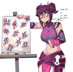 Rule 34 | 1girl, absurdres, belt, breasts, chinese clothes, commentary, cupperexe, detached sleeves, dudou, easel, english commentary, english text, fingerless gloves, gloves, hair horns, han juri, highres, holding, holding marker, large breasts, leggings, looking back, marker, multiple belts, out of character, pink eyes, pink gloves, pink leggings, purple hair, sad, short hair, solo, street fighter, street fighter iv (series), tearing up, tic-tac-toe, whiteboard