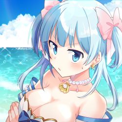 Rule 34 | 1girl, blue eyes, blue hair, blush, breasts, cleavage, highres, jewelry, large breasts, long hair, looking at viewer, magia record: mahou shoujo madoka magica gaiden, mahou shoujo madoka magica, minami rena, minami rena (swimsuit ver.), momo tomato, necklace, ocean, parted lips, solo, sweatdrop, swimsuit, two side up, upper body