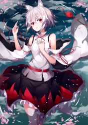 Rule 34 | 1girl, animal ears, belt, black skirt, cloud, commentary request, detached sleeves, frilled skirt, frills, hat, hide448, highres, inubashiri momiji, looking at viewer, lying, miniskirt, partially submerged, petals, pom pom (clothes), red eyes, red hat, red ribbon, ribbon, ribbon-trimmed sleeves, ribbon trim, ripples, skirt, solo, tail, touhou, unworn hat, unworn headwear, water, white hair, wind, wolf ears, wolf tail