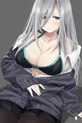 Rule 34 | 1girl, abarabone, absurdres, aqua eyes, aqua nails, arm support, bikini, bikini top only, black bikini, black pantyhose, black skirt, blush, breasts, cardigan, cleavage, collared shirt, commentary, cowboy shot, fingernails, grey background, grey cardigan, grey hair, hand on own stomach, highres, large breasts, long hair, long sleeves, looking to the side, nail polish, off shoulder, open clothes, open shirt, original, pale skin, pantyhose, school uniform, shirt, sitting, sketch, skirt, sleeves past wrists, solo, sweatdrop, swimsuit, very long hair, white shirt, wing collar
