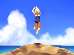 Rule 34 | 1girl, arms up, ass, bare arms, bare legs, bare shoulders, barefoot, blue one-piece swimsuit, blue sky, cloud, day, halterneck, horizon, idolmaster, idolmaster cinderella girls, jumping, light brown hair, long hair, morikubo nono, ocean, one-piece swimsuit, outdoors, revision, ringlets, sky, soles, solo, swimsuit, uccow, water