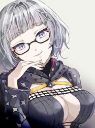 Rule 34 | 1girl, black dress, black jacket, breasts, cleavage, cropped jacket, dress, fate/grand order, fate (series), glasses, grey eyes, grey hair, hood, hooded jacket, jacket, jacques de molay (foreigner) (fate), kino kokko, large breasts, long sleeves, open clothes, open jacket, short hair, smile, solo