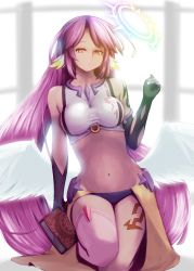 Rule 34 | 1girl, angel wings, asymmetrical legwear, book, breasts, commentary request, spiked halo, crop top, feathered wings, gloves, halo, highres, holding, holding book, jibril (no game no life), large breasts, long hair, looking at viewer, low wings, magic circle, mibushido (milking), midriff, mismatched legwear, multicolored eyes, navel, no game no life, orange eyes, pink hair, sideboob, solo, tattoo, very long hair, white wings, wing ears, wings, yellow eyes