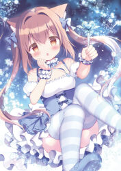 Rule 34 | 1girl, animal ear fluff, animal ears, azumi kazuki, blue bow, blue thighhighs, blush, bow, breasts, brown hair, commentary request, detached sleeves, dress, frilled dress, frills, hair bow, long hair, looking at viewer, melonbooks, open mouth, original, sleeveless, sleeveless dress, small breasts, solo, striped clothes, striped thighhighs, thighhighs, twintails, wrist cuffs
