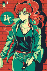 Rule 34 | 1girl, bishoujo senshi sailor moon, breasts, brick wall, brown hair, cleavage, collarbone, color guide, cowboy shot, digital media player, earphones, emptycicada, green eyes, hair bobbles, hair ornament, jacket, jewelry, kino makoto, limited palette, looking to the side, necklace, ponytail, profile, solo, tank top