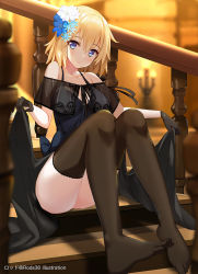 Rule 34 | 1girl, bare shoulders, black dress, black gloves, blonde hair, blue eyes, blue flower, blurry, blurry background, blurry foreground, blush, breasts, brown gloves, brown thighhighs, closed mouth, collarbone, commentary request, depth of field, dress, fate/apocrypha, fate (series), feet, flower, gloves, hair between eyes, hair flower, hair ornament, head tilt, indoors, jeanne d&#039;arc (fate), jeanne d&#039;arc (formal dress) (fate), jeanne d&#039;arc (ruler) (fate), legs, long hair, medium breasts, no shoes, railing, rods, see-through, sitting, sitting on stairs, skirt hold, sleeveless, sleeveless dress, smile, solo, stairs, thighhighs, twitter username, watermark