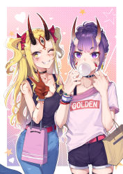 Rule 34 | 2girls, bag, belt, black horns, black shirt, blonde hair, blush, breasts, casual, chewing gum, cleavage, commentary request, denim, facial mark, fate/grand order, fate (series), fingernails, flat chest, grin, highres, horns, ibaraki douji (fate), jeans, kaer sasi dianxia, large breasts, long hair, multiple girls, nail polish, pants, pink belt, ponytail, purple hair, red belt, red nails, sharp fingernails, shirt, short shorts, shorts, shuten douji (fate), skin-covered horns, smile, sweater, twintails, v, white sweater