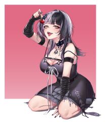 Rule 34 | 1girl, absurdres, arm between legs, arm strap, belt, black belt, black choker, black dress, black hair, black nails, breasts, cherry, chest belt, choker, cleavage, commentary, dress, fang, fingernails, food, fruit, grey hair, hand on floor, highres, holding, holding food, holding fruit, hololive, hololive english, jellen aura, lace, lace-trimmed choker, lace choker, lace trim, large breasts, layered dress, long hair, looking at viewer, multicolored hair, nail polish, open mouth, pink background, seiza, shiori novella, shiori novella (1st costume), sitting, sleeveless, sleeveless dress, solo, split-color hair, strap slip, striped arm warmers, symbol-only commentary, teeth, tongue, tongue out, two-tone background, two-tone hair, virtual youtuber, white background, yellow eyes