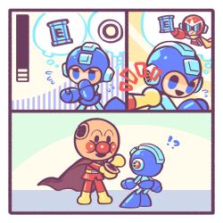 Rule 34 | !?, 2boys, android, anpanman, anpanman (character), blue eyes, brown cape, cape, energy tank, flying sweatdrops, health bar, highres, laser-lance, mega man (character), mega man (classic), mega man (series), multiple boys, open mouth, proto man, smile, thought bubble