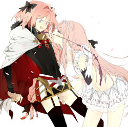 Rule 34 | 1boy, 1girl, astolfo (fate), black bow, black ribbon, black thighhighs, blush, bow, braid, commentary request, elbow gloves, fang, fate/grand order, fate (series), garter straps, gloves, grabbing another&#039;s chin, hair intakes, hair ribbon, hand on another&#039;s chin, holding, holding riding crop, holding whip, long braid, long hair, looking at another, medb (fate), open mouth, pink hair, purple eyes, ribbon, riding crop, simple background, single braid, skirt, suou (sdurorhr), sweatdrop, thighhighs, tiara, trap, white background, white gloves, white skirt
