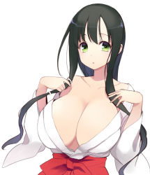 Rule 34 | 1girl, black hair, breasts, cleavage, female focus, green eyes, haori, huge breasts, itsumi (itumiyuo), iwato kasumi, japanese clothes, long hair, looking at viewer, miko, no bra, off shoulder, saki (manga), simple background, solo, twintails, upper body, white background