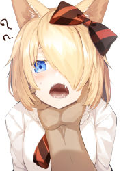 Rule 34 | 1girl, ?, ??, animal ears, blonde hair, blue eyes, blush, bow, breasts, cat ears, character request, commentary request, copyright request, dress shirt, fangs, hair between eyes, hair over one eye, hand on another&#039;s chin, highres, looking at viewer, medium breasts, medium hair, meth (emethmeth), open mouth, shirt, simple background, solo focus, striped, striped bow, sweatdrop, tongue, upper body, white background, white shirt