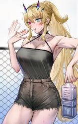 Rule 34 | 1girl, alternate body size, bare shoulders, blonde hair, breasts, cleavage, collarbone, barghest (fate), fate/grand order, fate (series), green eyes, heterochromia, highres, horns, large breasts, long hair, nipi27, red eyes, revision, solo, thighs