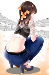 Rule 34 | 1girl, ass, belt, blush, bow, braid, breasts, brown hair, butt crack, commentary request, crop top, denim, from behind, full body, hair bow, high heels, highres, insect wings, jeans, long hair, medium breasts, original, panties, pants, panty peek, pantyslip, sakippo (sakippo0), simple background, sleeveless, solo, squatting, underwear, wings