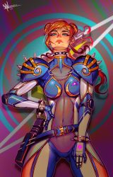 Rule 34 | 1girl, armor, belt, belt buckle, black collar, blonde hair, blue bodysuit, bodysuit, bracelet, buckle, cameltoe, capcom, chun-li, collar, crossover, danderfull, double bun, elbow pads, eyeshadow, floating hair, fusion, green eyes, gun, hair bun, highres, holster, holstered, jewelry, looking at viewer, makeup, metroid, mole, mole under mouth, multicolored bodysuit, multicolored clothes, navel, nintendo, pauldrons, pink eyeshadow, pink lips, samus aran, semi-transparent, shoulder armor, skin tight, solo, spiked bracelet, spiked collar, spikes, street fighter, thick eyebrows, thick eyelashes, weapon, white bodysuit