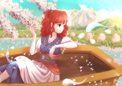 Rule 34 | 1girl, arm rest, blue kimono, cherry blossoms, closed mouth, day, feet out of frame, flower, hair bobbles, hair ornament, hand up, hitodama, holding, japanese clothes, kimono, kyabekko, long hair, looking to the side, mountainous horizon, onozuka komachi, outdoors, pink flower, profile, red eyes, red hair, sky, smile, solo, touhou, two side up, wavy hair