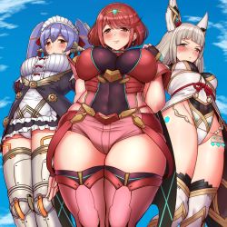 Rule 34 | android, animal ears, black gloves, blunt bangs, breasts, cat ears, chest jewel, earrings, facial mark, fingerless gloves, gloves, highleg, highleg leotard, jewelry, large breasts, leotard, long hair, low twintails, maid, nia (blade) (xenoblade), nia (xenoblade), poppi (xenoblade), poppi qt (xenoblade), pyra (xenoblade), red eyes, red hair, red legwear, red shorts, short hair, short shorts, shorts, silver hair, swept bangs, thighhighs, tiara, twintails, tyranu, very long hair, xenoblade chronicles (series), xenoblade chronicles 2, yellow eyes
