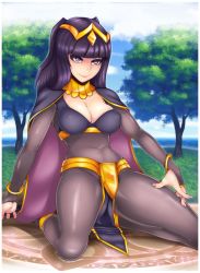 Rule 34 | 1girl, blue sky, bodystocking, breasts, cape, center opening, cleavage, cloud, covered navel, covered erect nipples, fire emblem, fire emblem awakening, full body, groin, highres, kneeling, large breasts, long hair, madartraven, nintendo, outdoors, pelvic curtain, purple eyes, purple hair, sky, smile, solo, tharja (fire emblem), tree