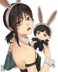 Rule 34 | 1girl, animal ears, artist logo, back, bag, bare shoulders, black leotard, black necktie, breasts, brown eyes, brown hair, chainsaw man, character doll, dated, detached collar, eyelashes, fake animal ears, from side, frown, hair between eyes, hair ornament, hairband, hairclip, hands up, higashiyama kobeni, highres, holding, leotard, looking at viewer, mole, mole on cheek, mole under eye, mole under mouth, multiple moles, necktie, playboy bunny, ponytail, rabbit ears, short ponytail, shoulder bag, simple background, single sidelock, sleeve cuffs, small breasts, solo, strapless, strapless leotard, taorotana, upper body, white background, white hairband