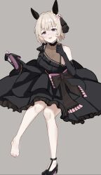 Rule 34 | 1girl, absurdres, animal ears, bare shoulders, barefoot, black dress, black footwear, black gloves, blush, bow, breasts, chinese commentary, commentary request, curren chan (sakutsuki ma cherie) (umamusume), curren chan (umamusume), dress, ear covers, ear ornament, elbow gloves, full body, gloves, grey background, grey hair, high heels, highres, holding shoe, horse ears, horse girl, horse tail, looking at viewer, medium breasts, mixed-language commentary, nail polish, official alternate costume, open mouth, pink bow, pink nails, purple eyes, shoes, short hair, simple background, single bare shoulder, single shoe, smile, solo, tail, toenail polish, toenails, toes, umamusume, white hair, xiao juicai