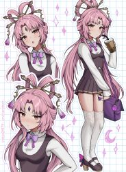 Rule 34 | 1girl, artist name, bag, black footwear, blush, brown skirt, bubble tea, closed mouth, collared shirt, cup, forehead jewel, fu xuan (honkai: star rail), full body, hair ornament, highres, holding, holding cup, honkai: star rail, honkai (series), long hair, looking at viewer, low twintails, mary janes, multiple views, open mouth, orange eyes, pink hair, school bag, school uniform, shirt, shoes, skirt, solo, thighhighs, twintails, upper body, vickie (cryingrobot), white shirt, white thighhighs, zettai ryouiki