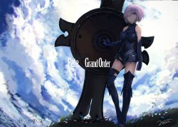Rule 34 | 1girl, ahoge, arm at side, armor, armored boots, armored dress, artist name, bare shoulders, black footwear, black gloves, boots, breasts, closed mouth, cloud, cloudy sky, copyright name, day, dress, elbow gloves, fate/grand order, fate (series), field, flower, flower field, gloves, hair over one eye, mash kyrielight, medium breasts, pink hair, purple eyes, rean (r ean), shield, short hair, sky, sleeveless, sleeveless dress, smile, solo, standing, thigh boots, thigh strap, thighhighs, wind