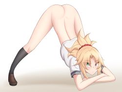 Rule 34 | 1girl, absurdres, ass, black socks, blonde hair, brown footwear, commentary, english commentary, eyes visible through hair, fate/apocrypha, fate/grand order, fate (series), green eyes, gym uniform, highres, jack-o&#039; challenge, looking at viewer, mordred (fate), mordred (fate/apocrypha), pendreon, ponytail, shirt, shoes, socks, uniform, white shirt