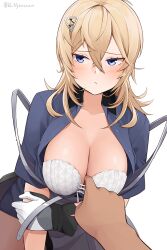 Rule 34 | 1girl, 1other, befu, blonde hair, blue eyes, blue shirt, blush, bra, breasts, cleavage, closed mouth, collarbone, gloves, hair between eyes, hair ornament, hairclip, highres, kantai collection, large breasts, long hair, multicolored clothes, multicolored gloves, open clothes, open shirt, shirt, simple background, tuscaloosa (kancolle), twitter username, underwear, white background, white bra