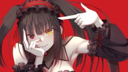 Rule 34 | black hair, clock eyes, date a live, date a live: date a bullet, goth fashion, gothic lolita, hairband, heterochromia, highres, kasutera (toho 16sakuya), lolita fashion, lolita hairband, looking at viewer, red background, red eyes, simple background, solo, symbol-shaped pupils, tokisaki kurumi, twintails, uneven twintails, yellow eyes