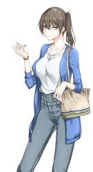 Rule 34 | 1girl, alternate costume, bag, batacchi (mashimashi butter), brown eyes, brown hair, casual, collarbone, contemporary, handbag, high-waist pants, highres, jewelry, kaga (kancolle), kantai collection, necklace, pants, ring, shirt, side ponytail, simple background, solo, watch, white background, wristwatch