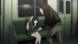 Rule 34 | 1boy, 1girl, background character, background characters, black hair, clothes pull, death note, embarrassed, helpless, miniskirt, red purse, screencap, sexual harassment, skirt, skirt pull, skirt tug, train interior