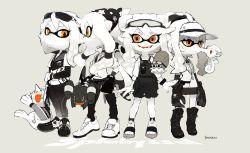 Rule 34 | 4girls, artist name, bandana, black legwear, boots, collared shirt, creatures (company), double bun, expressionless, eyewear on head, fangs, feet, flip-flops, full body, game freak, gen 1 pokemon, gen 4 pokemon, gible, gloves, grey background, hair bun, hair ornament, half-closed eyes, horsea, inkling, inkling girl, inkling player character, limited palette, long sleeves, looking at viewer, looking to the side, monochrome, multiple girls, nintendo, omanyte, open mouth, orange eyes, pants, pokemon, pokemon (creature), ponytail, sandals, seel, shirt, shoes, sidelocks, siirakannu, simple background, skirt, smile, sneakers, splat roller (splatoon), splatoon (series), splatoon 2, standing, starry sky print, sunglasses, suspenders, teeth, tentacle hair, tongue, tongue out, visor cap