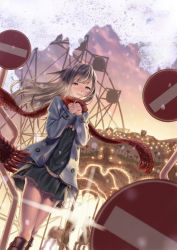 Rule 34 | 1girl, bad id, bad pixiv id, black eyes, boots, brown hair, carousel, coat, dress, dutch angle, ferris wheel, highres, hyp, knee boots, knit scarf, long hair, original, peacoat, red scarf, scarf, sign, smile, solo, tears
