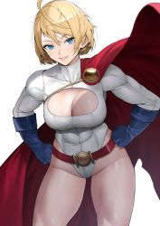 Rule 34 | 1girl, absurdres, ahoge, bad id, bad twitter id, belt, blue eyes, blue gloves, breasts, cape, cleavage, cleavage cutout, clothing cutout, dc comics, duplicate, gloves, grin, hands on own hips, hands up, highres, large breasts, leotard, lips, long sleeves, power girl, red cape, revision, shiny skin, short hair, simple background, smile, solo, superman (series), thighs, turtleneck, white background, white leotard, yoshio (55level)