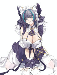 Rule 34 | 1girl, apron, aqua eyes, azur lane, blush, breasts, cheshire (azur lane), cleavage, detached sleeves, douya (233), dress, frilled hairband, frilled headband, frilled ribbon, frills, hair ornament, hairband, large breasts, long ribbon, looking at viewer, maid, maid headdress, multicolored hair, puffy detached sleeves, puffy sleeves, purple apron, ribbon, solo, streaked hair, thighhighs, tongue, tongue out, white thighhighs