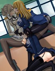 Rule 34 | 10s, 3girls, anal, anal fingering, anus, atago (kancolle), cunnilingus, fff threesome, fingering, french kiss, group sex, highres, kantai collection, katori (kancolle), kiss, multiple girls, oral, panties, pantyhose, pussy, seraphina, takao (kancolle), threesome, torn clothes, torn legwear, uncensored, underwear, yuri