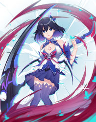 Rule 34 | 1girl, 7t, :o, absurdres, bare shoulders, black hair, blue eyes, blue hair, blush, breasts, bug, butterfly, cleavage, dress, hair between eyes, hair ornament, hand up, highres, holding, holding scythe, honkai (series), honkai impact 3rd, insect, looking at viewer, medium breasts, multicolored hair, scythe, seele vollerei, seele vollerei (swallowtail phantasm), short hair, skirt, solo, standing, tattoo, thighhighs