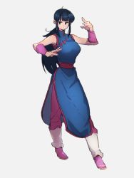 Rule 34 | 1girl, bare arms, black eyes, black hair, blue dress, blunt bangs, breasts, chi-chi (dragon ball), china dress, chinese clothes, contrapposto, dragon ball, dragon ball (classic), dress, eyelashes, facing viewer, fighting stance, full body, grey background, hands up, high collar, kemachiku, large breasts, leg warmers, legs apart, long hair, pants, parted lips, pink footwear, pink legwear, pink pants, pink wristband, ponytail, serious, shoes, side slit, sidelocks, sideways glance, simple background, sleeveless, sleeveless dress, solo, standing, wristband