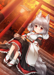Rule 34 | 1girl, animal ears, autumn, autumn leaves, black skirt, breasts, detached sleeves, dutch angle, inubashiri momiji, kei kei, lantern, light smile, looking at viewer, medium breasts, outdoors, red eyes, red skirt, silver hair, skirt, solo, stairs, sunset, tabi, tail, torii, touhou, white legwear, wolf ears, wolf tail