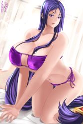 Rule 34 | 1girl, all fours, bad id, bad pixiv id, bare shoulders, bikini, breasts, cleavage, collarbone, eyepatch bikini, fate/grand order, fate (series), highres, huge breasts, long hair, looking at viewer, low-tied long hair, mature female, minamoto no raikou (fate), minamoto no raikou (fate/grand order), minamoto no raikou (swimsuit lancer) (fate), navel, purple bikini, purple eyes, purple hair, side-tie bikini bottom, solo, soy&#039;elve, swimsuit, very long hair