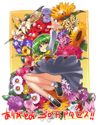 Rule 34 | &gt;:), 1girl, arm up, bellflower, bow, camellia, carnation, cherry blossoms, daffodil, daisy, dandelion, female focus, floral background, flower, gengorou, green hair, hydrangea, kazami yuuka, leaf, lily (flower), lily of the valley, looking at viewer, milestone celebration, morning glory, outline, plaid, plaid skirt, plaid vest, plant, red eyes, rose, short hair, skirt, skirt set, smile, solo, sunflower, touhou, translated, tulip, upskirt, v-shaped eyebrows, vest