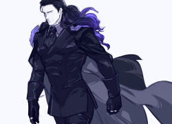 Rule 34 | 1boy, black cape, black hair, black jacket, black suit, cape, clenched hand, collar, collared shirt, fate/grand order, fate (series), formal, gloves, gradient hair, hair slicked back, highres, jacket, jewelry, long hair, long sleeves, male focus, multicolored hair, necktie, nikola tesla (fate), purple eyes, purple hair, ring, shirt, simple background, solo, suit, viscontiapclyps, white background
