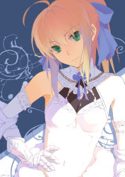 Rule 34 | 1girl, 2014, ahoge, alternate costume, artist name, artoria pendragon (fate), bare shoulders, blonde hair, breasts, bzerox, covered navel, dated, detached sleeves, dress, elbow gloves, fate/stay night, fate (series), fur trim, gauntlets, gloves, green eyes, hair ribbon, hand on own hip, head tilt, highres, looking at viewer, ribbon, saber (fate), small breasts, solo, upper body