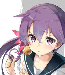 Rule 34 | 10s, 1girl, :t, akebono (kancolle), bell, flower, hair bell, hair flower, hair ornament, twirling hair, highres, kantai collection, long hair, looking at viewer, max melon, pout, purple eyes, purple hair, school uniform, serafuku, side ponytail, simple background, solo, upper body, very long hair, wet, wet clothes