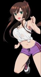 Rule 34 | 10s, 1girl, :d, black socks, breasts, brown hair, cleavage, collarbone, floating hair, green eyes, gym shorts, hair ribbon, high ponytail, kirasaka sayaka, large breasts, leg up, long hair, looking at viewer, midriff, navel, open mouth, purple shorts, red ribbon, ribbon, runing, shirt, short shorts, shorts, sideboob, sleeveless, sleeveless shirt, smile, socks, solo, stomach, strike the blood, sweat, tank top, tied shirt, transparent background, very long hair, wet, wet clothes, wet shirt