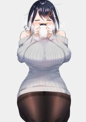 Rule 34 | 1girl, absurdres, bare shoulders, black hair, blush, breasts, brown pantyhose, closed eyes, coffee cup, colored inner hair, cup, disposable cup, drinking, grey hair, grey sweater, highres, indie virtual youtuber, large breasts, long sleeves, medium hair, multicolored hair, off-shoulder sweater, off shoulder, pantyhose, ribbed sweater, seiza, shirasu (mashiro (rikuya)), shirasu uni, sitting, solo, sweater, thighband pantyhose, thighs, virtual youtuber