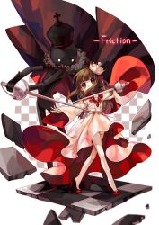 Rule 34 | 1girl, capelet, chessboard, crown, deemo, deemo (character), fencing, friction (deemo), girl (deemo), harrymiao, height difference, high heels, highres, rapier, song name, sword, weapon, white legwear